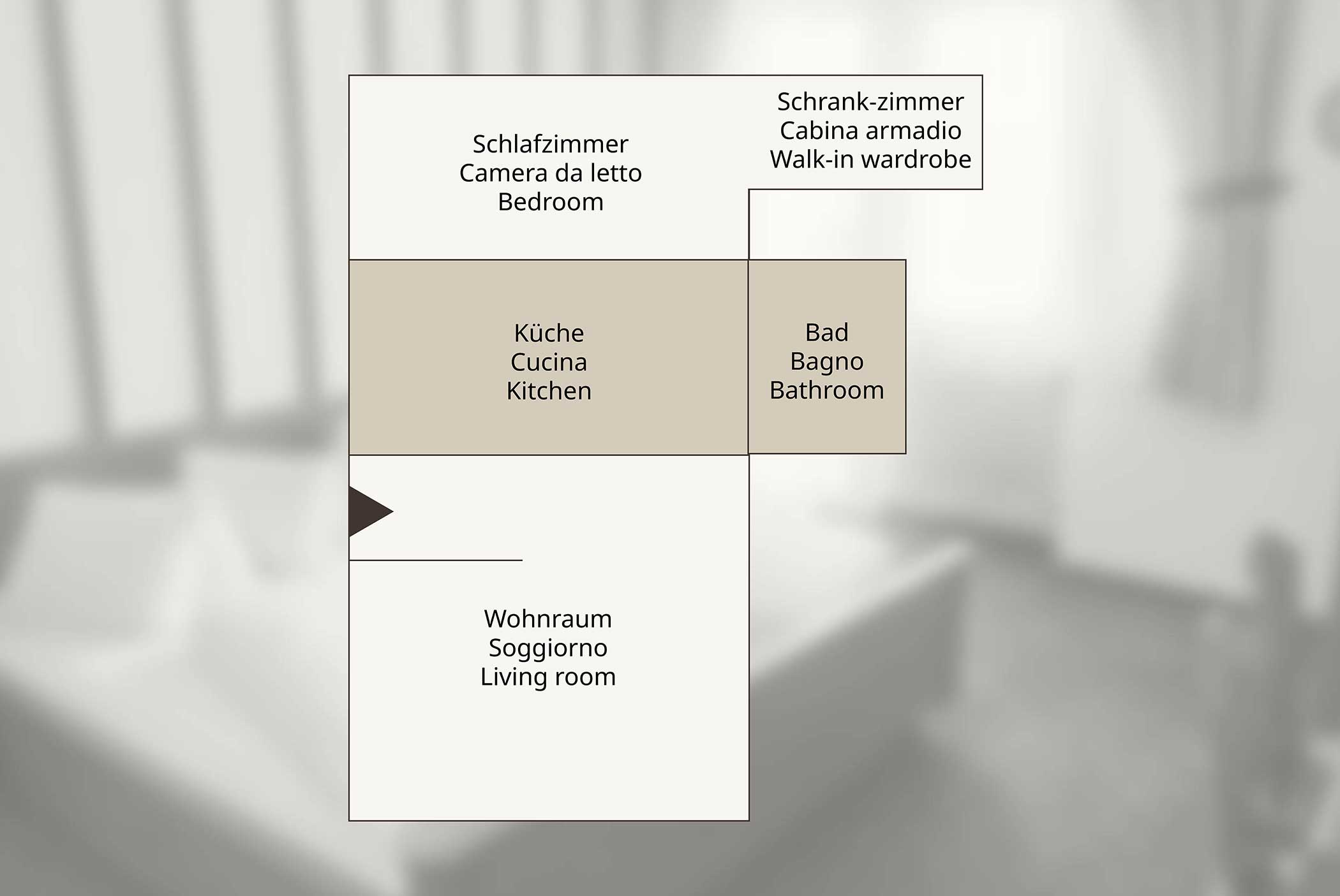 Wohnungsgrundriss mit beschrifteten Räumen: Schlafzimmer, Küche, Wohnzimmer, Bad und begehbarer Kleiderschrank. - Hotel Mooserhof